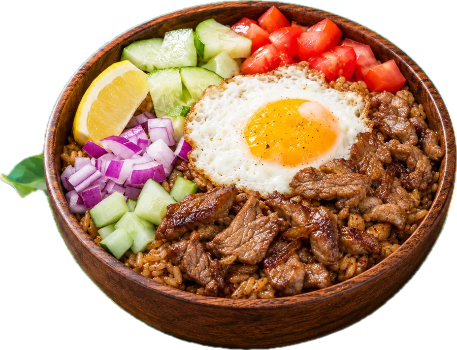 Lok Lak bœuf de Special Thaï : riz sauté, bœuf mariné, œuf au plat, tomates et concombre