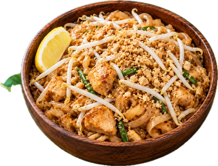 Pad Thaï au poulet de Special Thaï : nouilles de riz sautées, soja, coriandre et cacahuètes — La Verrière (78)