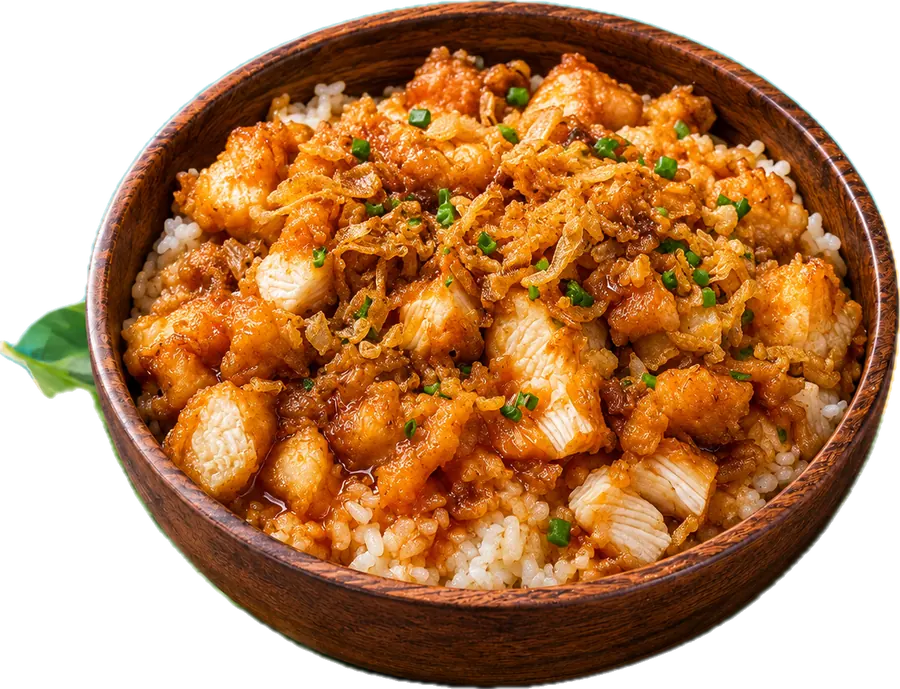 Barquette de Spécial Crousty : riz et sauce blanche maison, poulet croustillant à la sauce sucrée et oignons frits — Special Thaï à La Verrière