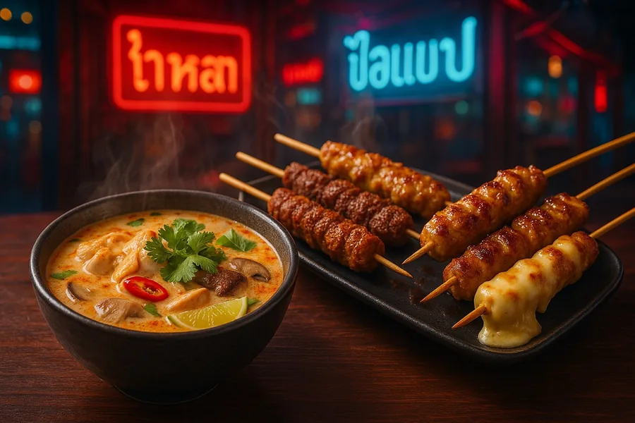 Plats thaïlandais authentiques - brochettes et soupes